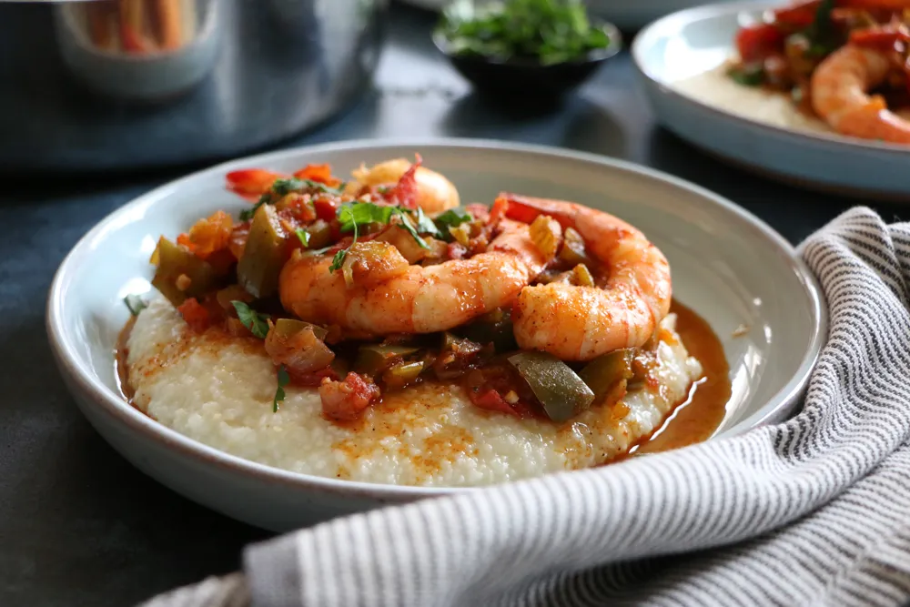 Traditional grits and shrimp prepared in Charleston